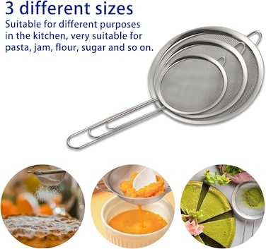 3-Piece Fine Mesh Stainless Steel Sieve Set with Handle and Front Hook, Rustproof Kitchen Strainers for Flour, Baking, Juice and Egg Separation