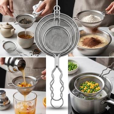 3-Piece Stainless Steel Fine Mesh Sieve Set with Handles, Kitchen Strainers for Tea, Cocktail, Juice, Oil, Flour, Spices, Baking and Cooking