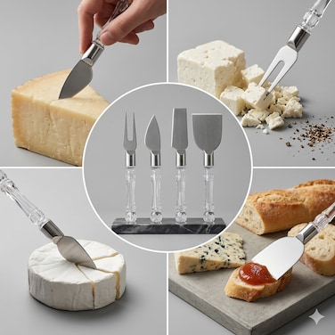 4-Piece Cheese Knife Set with Stainless Steel Blades and Crystal Acrylic Handles &ndash; Cheese Cutter, Shaver, Fork &amp; Spreader for Charcuterie Boards, Entertaining &amp; Wine Tastings