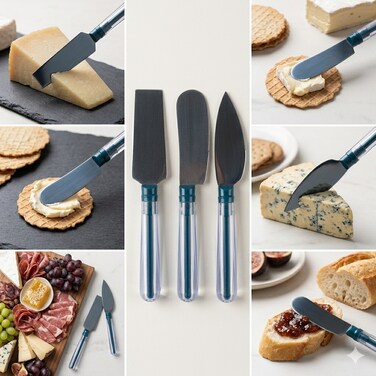 3-Piece Cheese Knife and Spreader Set with Stainless Steel Blades and Acrylic Handles &ndash; Cheese Spreader Tools for Charcuterie Boards, Soft &amp; Hard Cheeses, Jams and Entertaining, Teal Blue