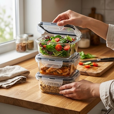 3-Piece Glass Food Storage Container Set with Airtight Locking Lids, Leakproof Meal Prep Containers, Microwave &amp; Freezer Safe Kitchen Storage Boxes