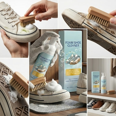 Foam Shoe Cleaner Kit 100ml with Brush, Sponge &amp; Towel &ndash; Multi-Surface Sneaker Cleaning Solution for Leather, Suede, Canvas, Knit &amp; Fabric Shoes
