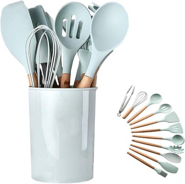 12-Piece Silicone Kitchen Utensil Set Mint Green, Heat Resistant 446&deg;F Cooking Tools with Turner, Tongs, Spatula, Spoon, Whisk &amp; Brush for Nonstick Cookware