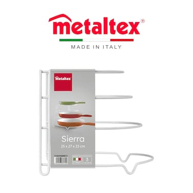 Metaltex Frypan Holder Sierra White &ndash; 4-Seat Pan Organizer &ndash; Countertop, Cabinet, or Drawer Storage &ndash; Iron Wire Body with LDPE Coating