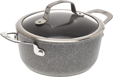 Ballarini Salina Granitium Casserole +Lid, 20 cm, Made in Italy. Aluminum body. Stay cool handle. Granitium coating + titanium. Scratch-resistant. For all stovetops. Oven safe. PFOA-Free.