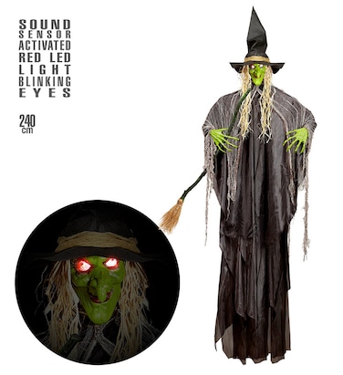 Witch With Broom &amp; Intermittent Blinking Red Led Light Eyes  240Cm