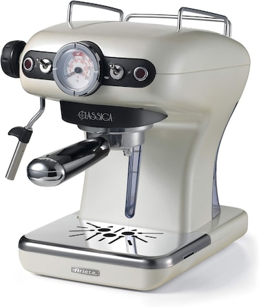 Ariete Classica Espresso Coffee Machine With Manometer And Milk Frother, Auto Shut-Off, Cappuccino Maker, Ground Coffee And ESE Pod Compatible, 850W, 15 Bar, For Home And Office, Pearl Art1389Pe