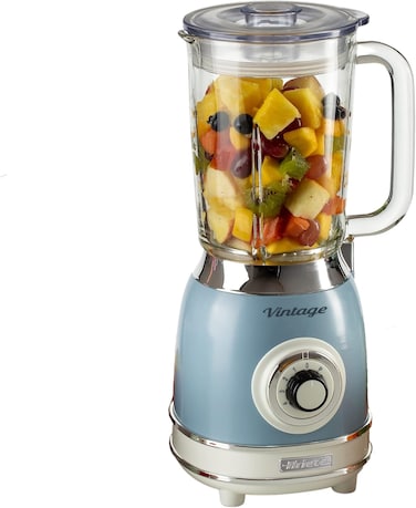 Ariete Vintage Blender 1.5L, 1000W, 4 Speed Setting ​​With Glass Jar, Pulse, Ice Crusher Function, 4 Stainless Steel Blades, Ideal For Puree, Frozen Drinks, Shakes, Smoothies, Blue Art583-V-Bl