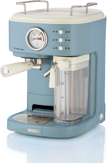 Ariete Vintage Espresso Coffee Maker Machine, 20 Bar, 1250W, With Automatic Milk Frother, Auto Shut-Off, 3 Preset Functions With Latte Macchiato And Cappuccino, Best For Home And Office, Art1383Bl