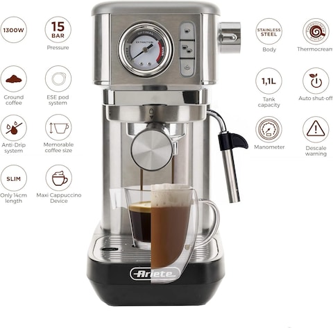 Ariete Pump Espresso Coffee Machine, 1300W, 15 Bar, Auto Shut-Off, Anti Drip System, Maxi Cappuccino Maker, Ground Coffee And ESE Pods Compatible, For Home And Office, Silver, Art1381