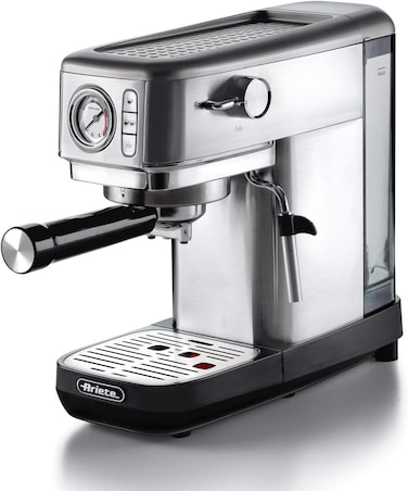 Ariete Pump Espresso Coffee Machine, 1300W, 15 Bar, Auto Shut-Off, Anti Drip System, Maxi Cappuccino Maker, Ground Coffee And ESE Pods Compatible, For Home And Office, Silver, Art1381