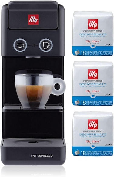 Illy Y3.3 Iperespresso Coffee Machine Bundle (Black) with 3 Pack of Iperespresso Decaffeinato Coffee Capsules