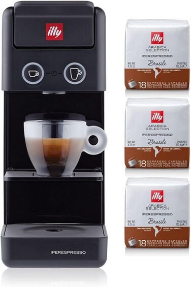 Illy Y3.3 Iperespresso Coffee Machine Bundle (Black) with 3 Pack IperEspresso Brasile Coffee Capsules