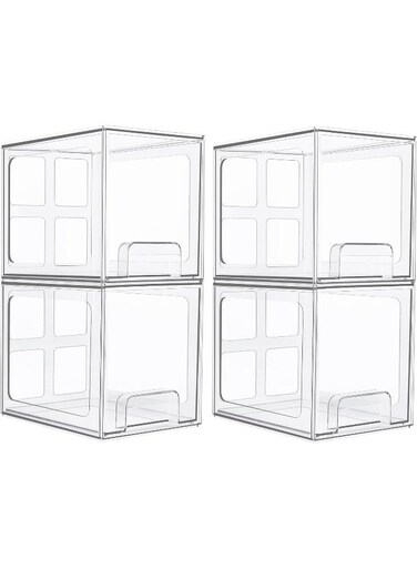 Care 4 Pack Stackable Storage Drawers, 6.6''Tall Acrylic Bathroom Makeup Organizers, Clear Plastic Bins For Vanity, Undersink, Kitchen Cabinet, Pantry Organization CLEAR