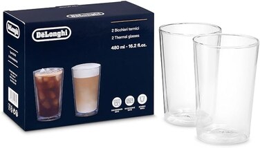 De'Longhi Double Wall Thermal Glasses Set of 2, 480ml, Hand-Blown Borosilicate Glass, Thermal Insulated, Condensation-Free, Dishwasher and Microwave Safe - DLSC319
