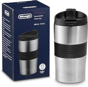كوب De'Longhi DLSC074 الحراري للسفر، كوب قهوة من الفولاذ المقاوم للصدأ بجدار مزدوج للمشروبات الساخنة والباردة، يفتح بضغطة واحدة، سعة 300 مل.