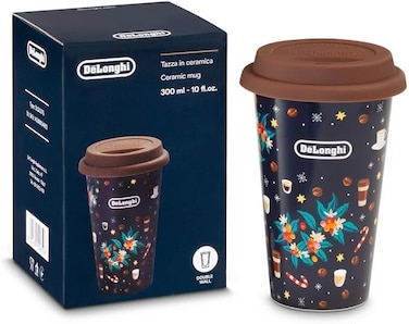 De'Longhi Double-Wall Ceramic Mug 300ml - Handcrafted Thermal Mug with Silicone Lid, Christmas Motif, Keeps Drinks Hot Longer, Microwave and Dishwasher Safe, 1-Year Warranty DLSC075
