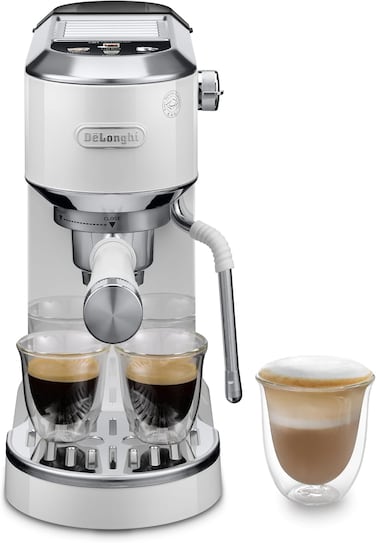 De'Longhi Dedica Duo EC890.WI, Barista Coffee Machine with Pump, Espresso and Cold Brew, Manual Coffee Machine with LatteArt Steam Rod, 15 cm Wide, 2 Espresso, Touch Screen, Cups up to 13 cm, White
