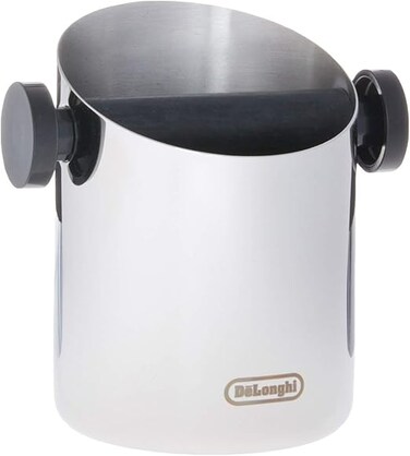 De'Longhi Knock Box - Stainless Steel with Black Rubber Bar, Non-Slip Base, Ideal for Mess-Free Coffee Ground Disposal, Professional Barista Essential, Mirror Polished Finish, 2 Liters DLSC059