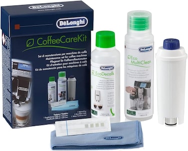 مجموعة العناية بآلات القهوة De'Longhi DLSC306 – طقم صيانة يضم فلتر مياه، ومحلول EcoDecalk (200 مل)، ومنظف Eco MultiClean (250 مل)، وقطعة قماش من الألياف الدقيقة، وشريط اختبار عسر الماء؛ مخصص لآلات القهوة الأوتوماتيكية.