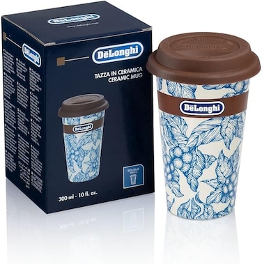 De'Longhi Double-Wall Ceramic Mug 300ml - Handmade Thermal Mug with Silicone Lid, Keeps Drinks Hot/Cold Longer, Blue Floral Design, Microwave &amp; Dishwasher Safe, Ideal for Travel DLSC064