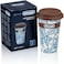 De'Longhi Double-Wall Ceramic Mug 300ml - Handmade Thermal Mug with Silicone Lid, Keeps Drinks Hot/Cold Longer, Blue Floral Design, Microwave &amp; Dishwasher Safe, Ideal for Travel DLSC064