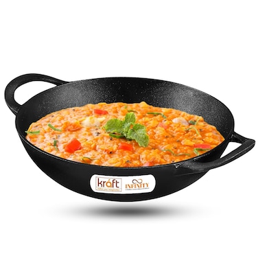 Infinity Pre-Seasoned Cast Iron Kadhai with Strong Handles - 22 cm, 1.8 Litre, 8.6 Inch/Gas &amp; Induction Base/Non-Stick, 100% Pure &amp; Toxin-Free, Chemical Free -Black