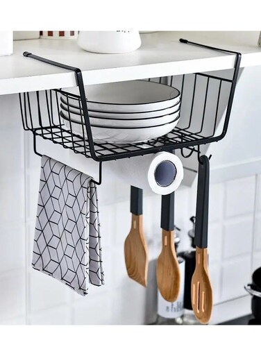 Under Shelf Cabinet Basket Metal Rack Organiser for Bowls Cups Saucers Plates Multifunctional Storage Wire Basket with Hooks for hanging cups Kitchen Office Pantry Home Black