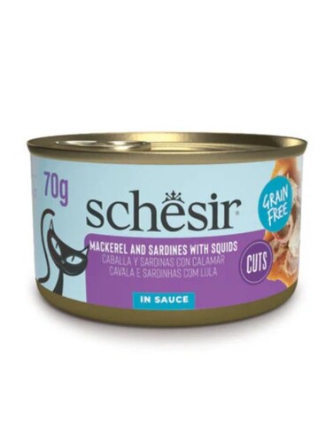 Schesir Grill Wholefood Cat Can Mackerel &amp; Sardines with Squid 70g (6 Pack)   Natural Grain-Free Wet Food for Cats