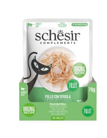 Schesir Complementary Cat Wet Food in Jelly Pouch &ndash; Chicken with Seabass 70g (6 Pouches)