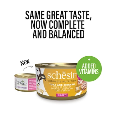 Schesir Complete &amp; Balanced Nutrition Wet Cat Food in Broth Can- Tuna With Chicken ( 12 x 85g )