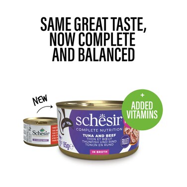 Schesir Complete &amp; Balanced Nutrition Wet Cat Food in Broth Can- Tuna With Beef ( 12 x 85g )