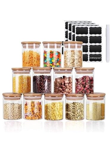 8.5 OZ Set of 12 Kitchen Glass Storage Jar with Bamboo Lids, 250ML Airtight Glass Food Containers with Labels, Suit for Sugar, Salt, Coffee, Tea, Nuts, Spice and Other Dry Food Storage, Stackable