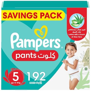 Pampers Baby-Dry Pants Diapers With Aloe Vera Lotion, 360 Fit &amp; Up To 100% Leakproof, Size 5, 12-18kg, 4mega Packs, 192 Count