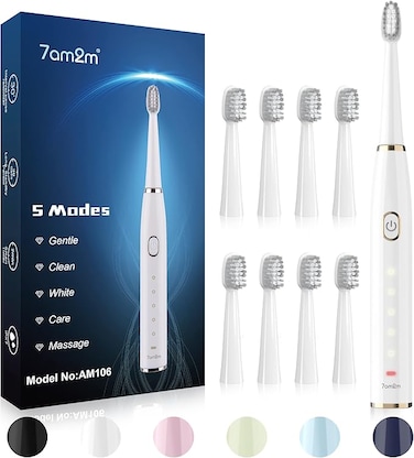 7AM2M Sonic Electric Toothbrush for Adults and Kids- High Power Rechargeable Toothbrushes with 8 Brush Heads,5 Adjustable Modes, Built-in 2-Minute Smart Timer,4 Hours Fast Charge for 30 Days (White)

