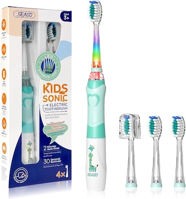 SEAGO Kids Electric Toothbrush with 2 Mins Brushing Timer and 4 Replacement Bursh Heads, Rainbow LED Light Make Brushing Fun, Green Color Boys Battery Powerd Toothbrush for 4-12 Years Old，SG-977
