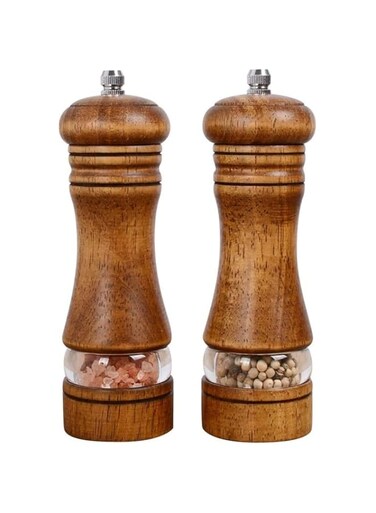 JUNNUOAD Wooden Salt and Pepper Grinder Set of 2, Manual Mills with Acrylic Window, Adjustable Ceramic Grinding, Refillable Kitchen Pepper Mill &amp; Salt Mill - 6.5inch