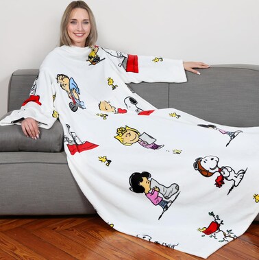Kanguru Deluxe Snoopy Peanuts Blanket, Fluffy Blanket, Fleece Blankets For Adults, Blanket With Sleeves With Kangaroo Pocket, Gifts For Women, Snuggle Blanket, Light Grey, 140X180cm
