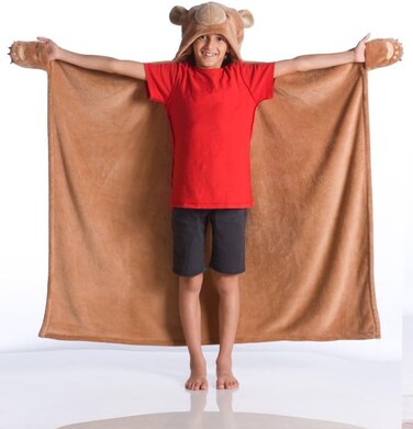 Kanguru Throw Fleece Blanket Cape In Soft And Warm Microfibre, With Legs, Handle, Hood And Ears Bear 100 X 130 Cm, 100% Polyester, Brown, Unique, One-Size