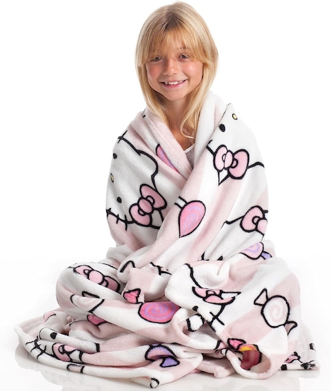 Kanguru Plaid Hello Kitty, Super Soft, Cozy, Fluffy, Warm, Throw Fleece Blanket Microfiber For Sofa, Bedroom, Couch, Travel, Kids, Colour Blue, Size 130 X 170cm, Polyester, Multicolour