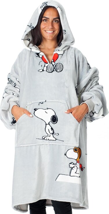 Kanguru Snoopy Hoodie Fleece Throw Blanket Sweatshirt - Kangurone Fluffy Flannel Oversized Wearable Blanket With Fur Effect, Grey, For Adults Men Women Teenagers Size 95X95cm, 1309