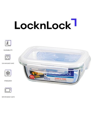 Oven Glass Rectangular Food Container 430ml Airtight with 4-Side Locking Lid, Microwave &amp; Oven Safe, Durable Heat-Resistant Glass for Baking, Meal Prep, and Leftovers