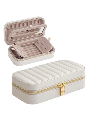 Travel Jewelry Case, Small Jewelry Box Organizer with Mirror, 4.1 x 8 x 2.4 Inches, PU Surface with Stitching, Portable, Christmas Gift, Cloud White