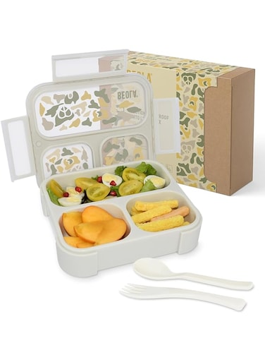 BEOLA Lunch Box for Kids Adults, Multi Compartment Lunch Bento with Magnetic Meal Planner, 3 or 4 Compartment Snack Box, BPA free, with Cutlery Set (3Sand Camo)