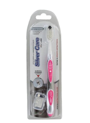 Silver Care One Whitening Toothbrush + Refill Medium Bristles for Adults Plaque &amp; Stain Removal Comfortable Grip