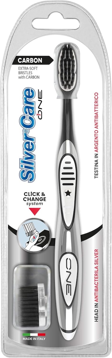 Silver Care One Carbon Toothbrush + Refill Extra Soft Bristles for Adults Gentle Cleaning Healthy Gums &amp; Teeth