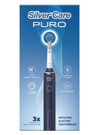 Silver Care Puro Rotating Electric Toothbrush for Adults &ndash; 3 Rechargeable Head, Deep Cleaning, 360&deg; Rotation, Soft Bristles, Smart Timer, Waterproof Electric Toothbrush for Sensitive Teeth
