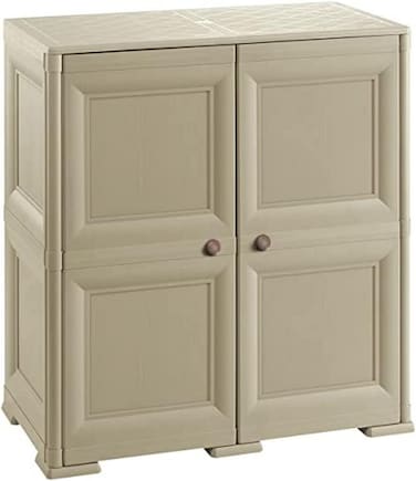 Tontarelli Omnimodus Outdoor &amp; Indoor Storage Cabinet, 4-Compartment, Polypropylene Cupboard with Doors, Imitation Wood Finish, Heavy Duty Utility Organizer, Taupe - TRL-8085549908