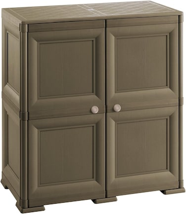Tontarelli Omnimodus Outdoor &amp; Indoor Storage Cabinet, 4-Compartment, Polypropylene Cupboard with Doors, Imitation Wood Finish, Heavy Duty Utility Organizer, Chocolate - TRL-8085549909