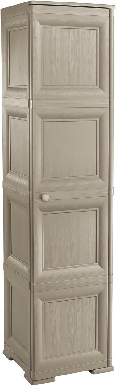 Tontarelli Omnimodus Column Cabinet with Full Door, 4-Compartment, Plastic Storage Cupboard for Indoor &amp; Outdoor Use, Weather &amp; UV Resistant, Wood-Effect Finish, Taupe, TRL-8085568210
